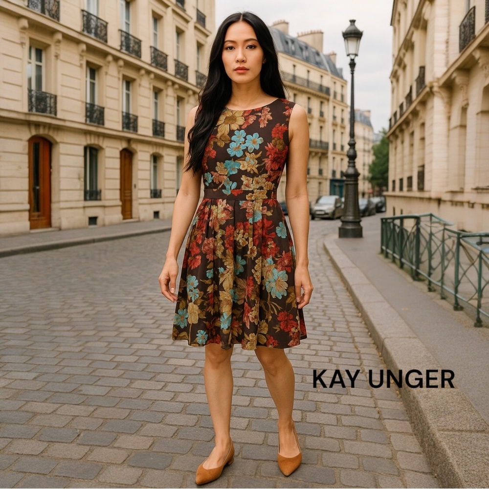 Kay Unger Brown and Red Fit and Flare Midi Dress